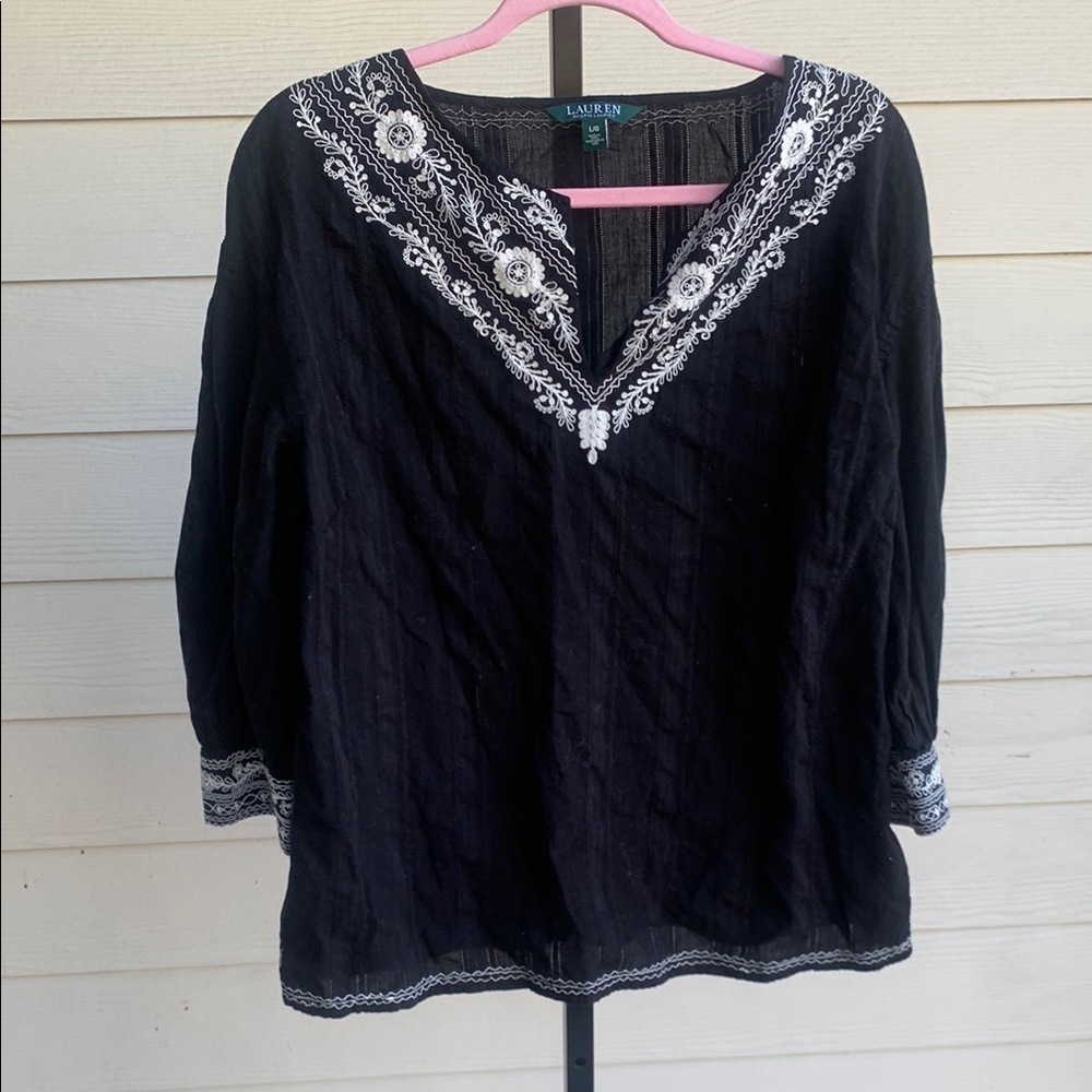 Ralph Lauren Embroidered cotton Women's blouse vneck top large